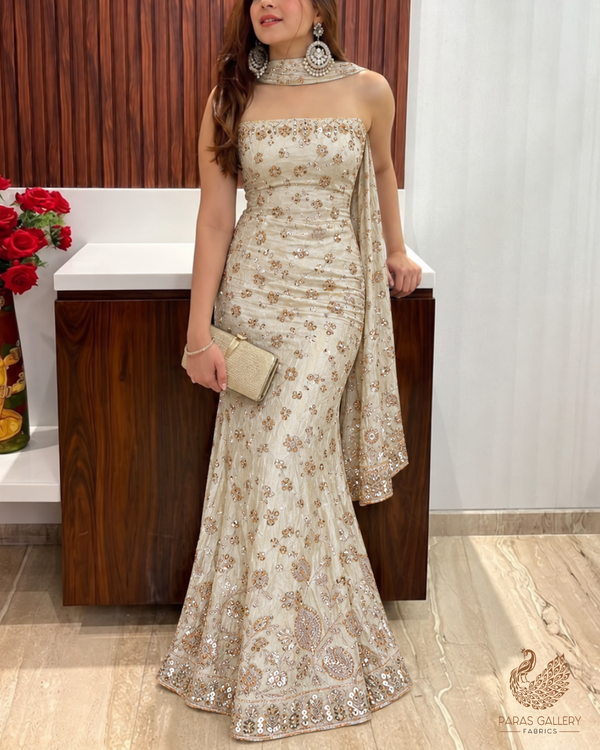 Golden Dyeable Tissue Fabric With All Over Zari And Katdana Work With One Side Heavy Border 24850