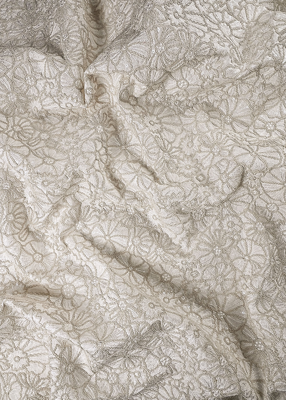 White Dyeable Silk Fabric With All Over Thread And Sequins Work 24851