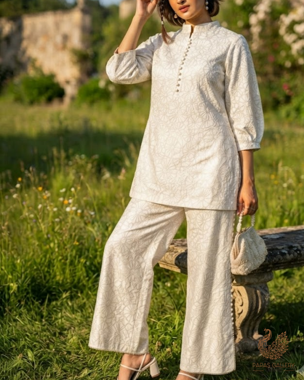 White Dyeable Silk Fabric With All Over Thread And Sequins Work 24851