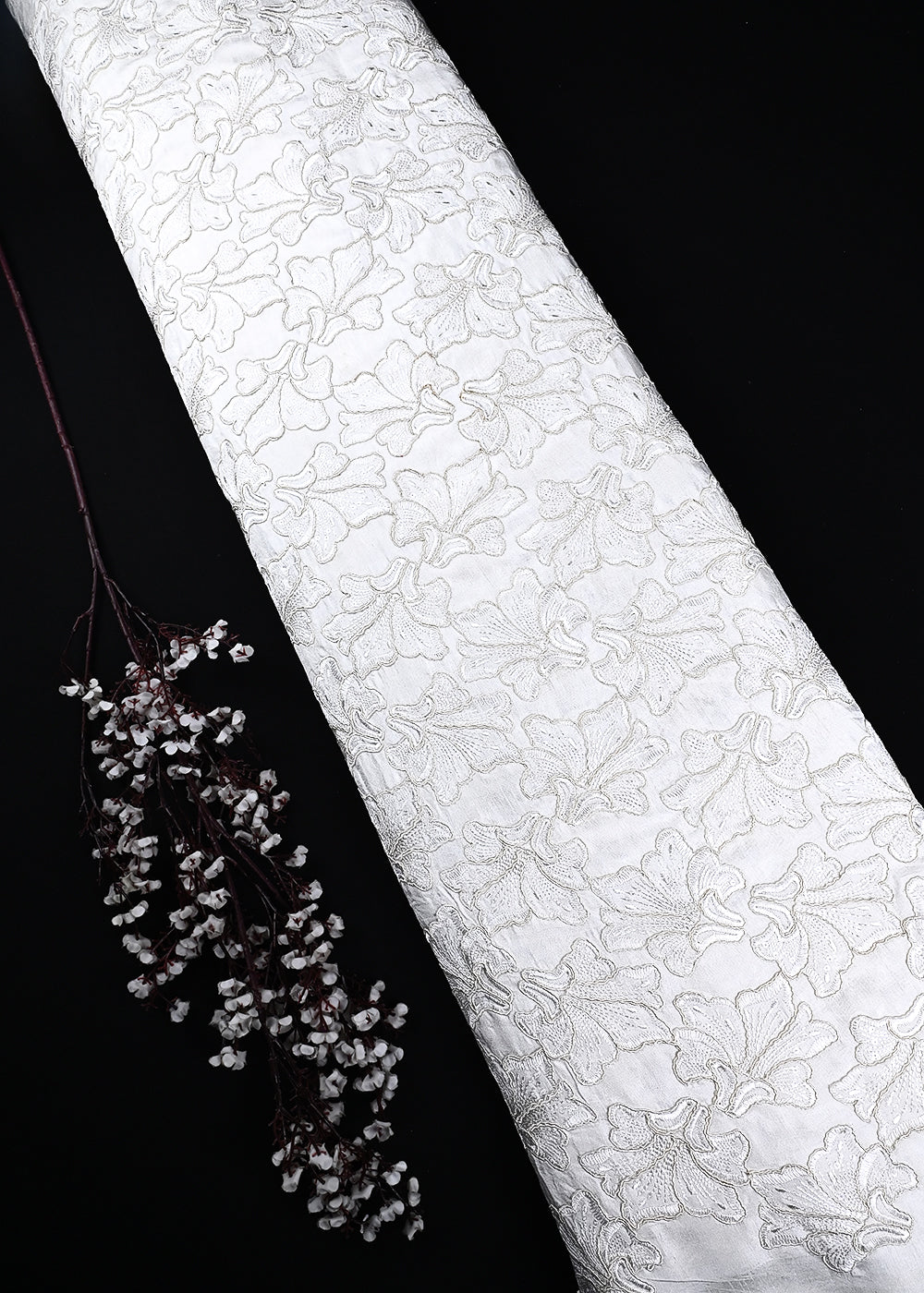 White Dyeable Silk Fabric With All Over Thread And Sequins Work 24852