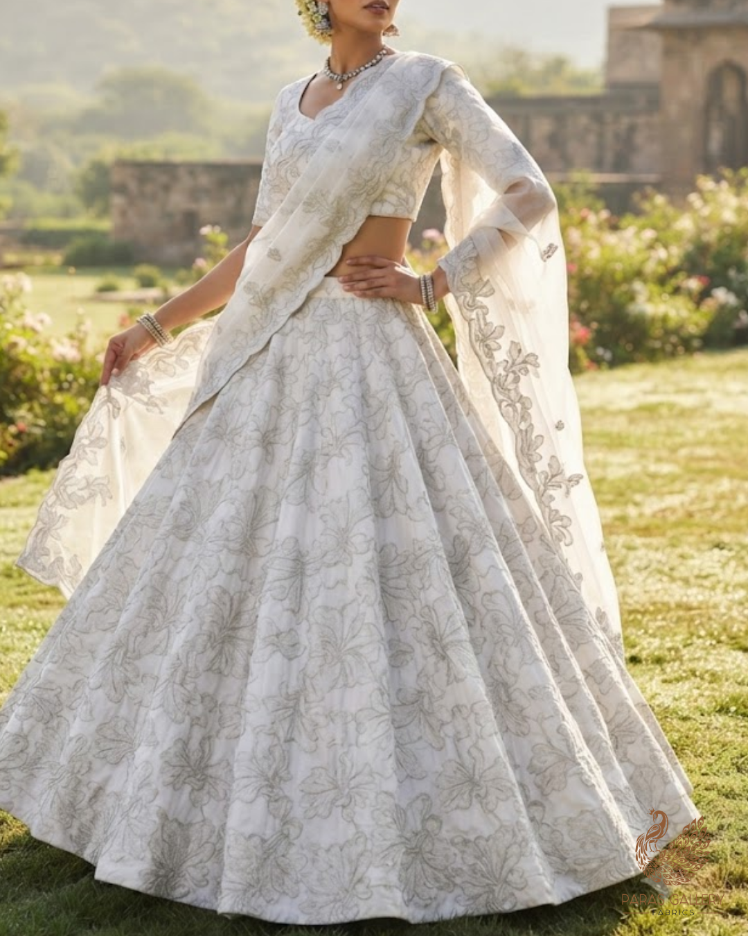 White Dyeable Silk Fabric With All Over Thread And Sequins Work 24852