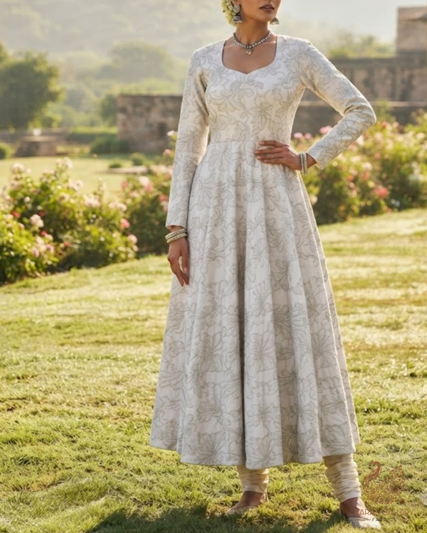 White Dyeable Silk Fabric With All Over Thread And Sequins Work 24852