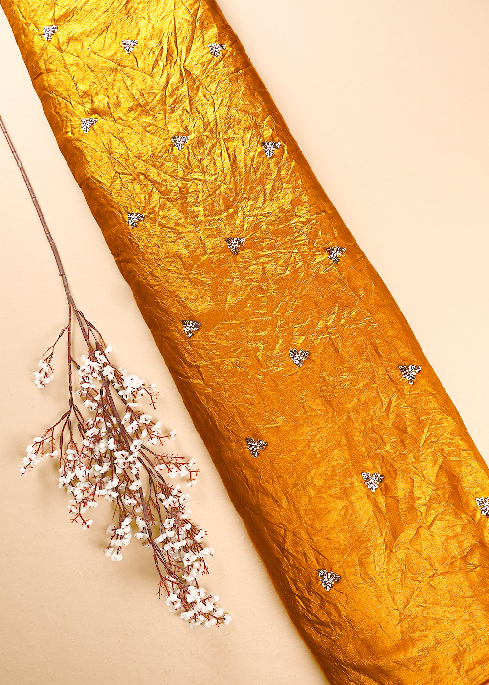 Mustard Diamond Tissue Fabric With All Over Buti Of Sequins, Katdana And Bead Work 24853