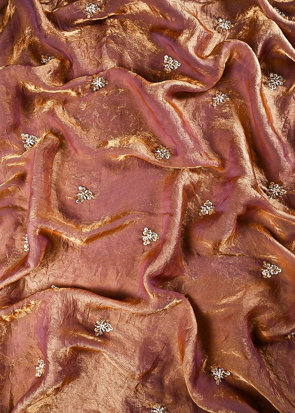 Peach Diamond Tissue Fabric With All Over Buti Of Sequins, Katdana And Bead Work 24854
