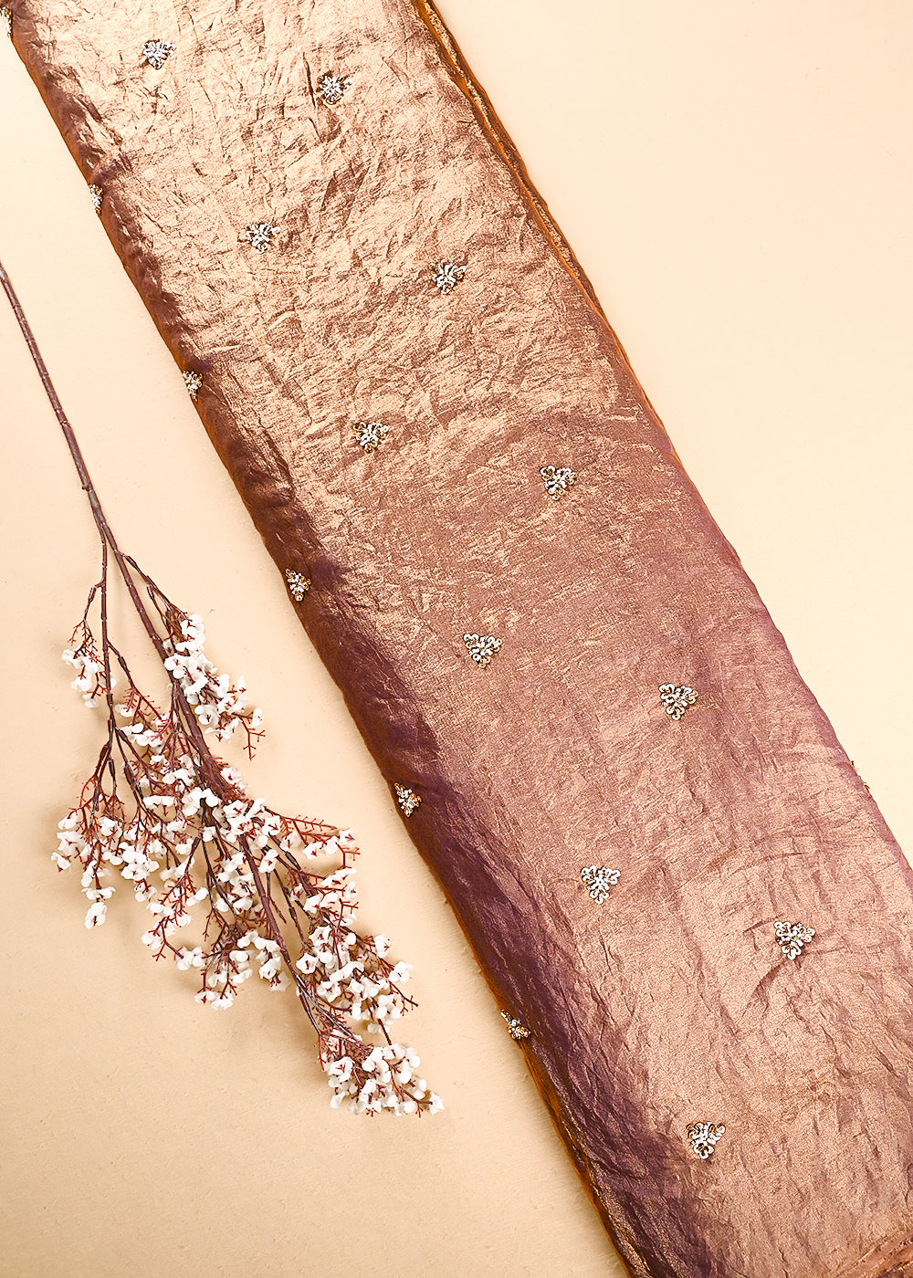 Peach Diamond Tissue Fabric With All Over Buti Of Sequins, Katdana And Bead Work 24854