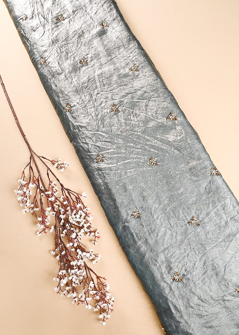 Grey Diamond Tissue Fabric With All Over Buti Of Sequins, Katdana And Bead Work 24855