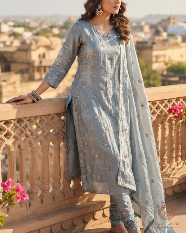 Grey Diamond Tissue Fabric With All Over Buti Of Sequins, Katdana And Bead Work 24855