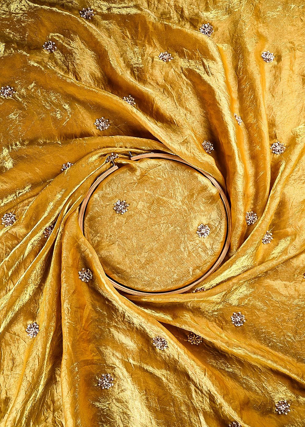 Yellow Diamond Tissue Fabric With All Over Buti Of Sequins, Katdana And Bead Work 24856