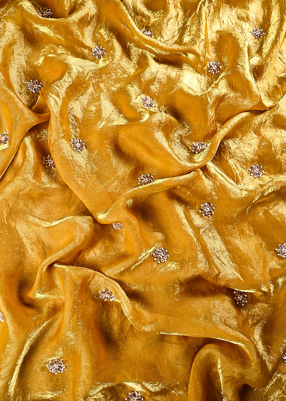 Yellow Diamond Tissue Fabric With All Over Buti Of Sequins, Katdana And Bead Work 24856