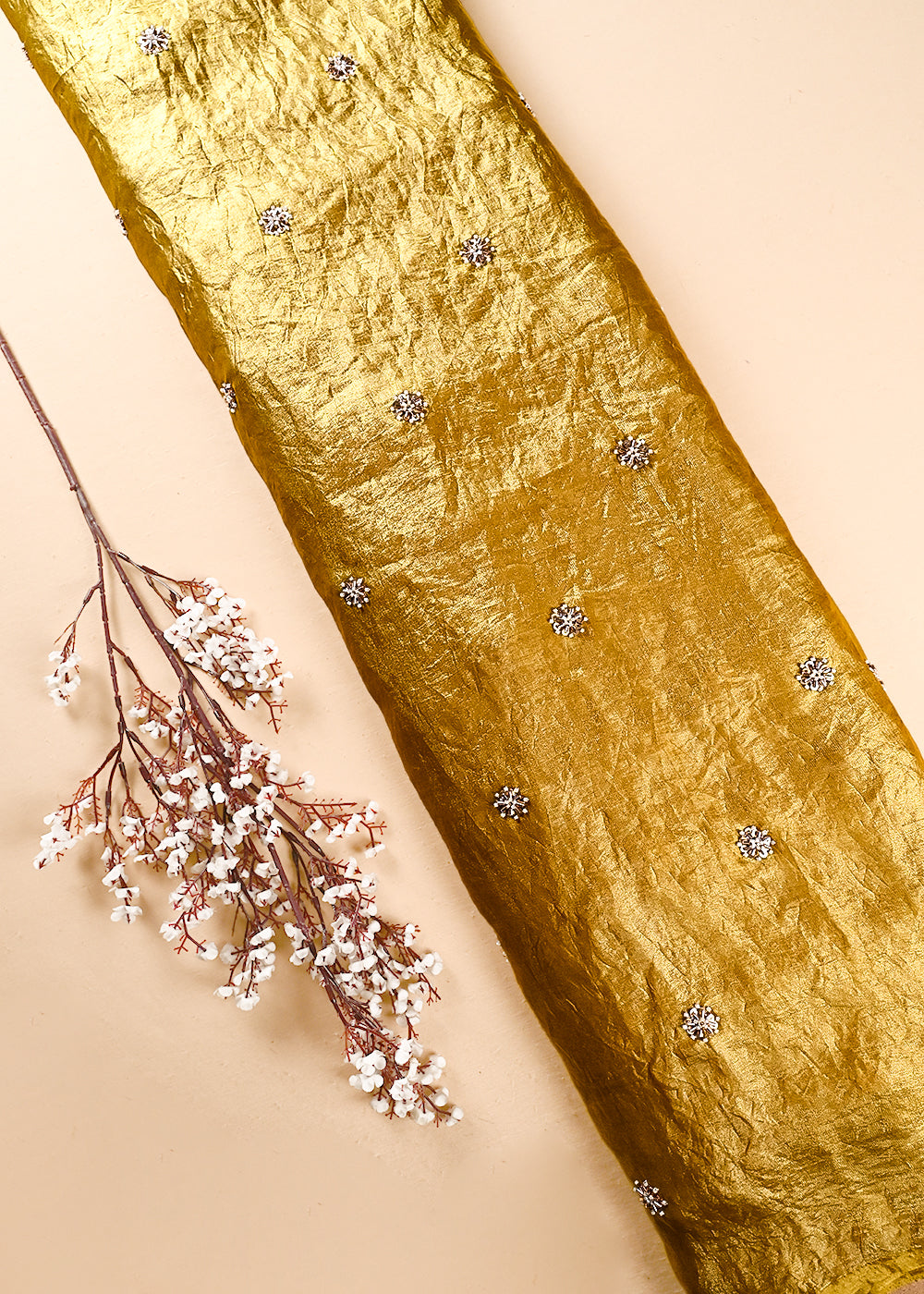 Yellow Diamond Tissue Fabric With All Over Buti Of Sequins, Katdana And Bead Work 24856