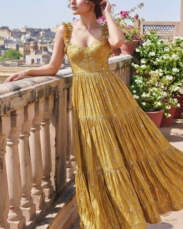Yellow Diamond Tissue Fabric With All Over Buti Of Sequins, Katdana And Bead Work 24856