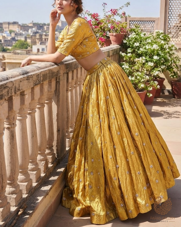 Yellow Diamond Tissue Fabric With All Over Buti Of Sequins, Katdana And Bead Work 24856
