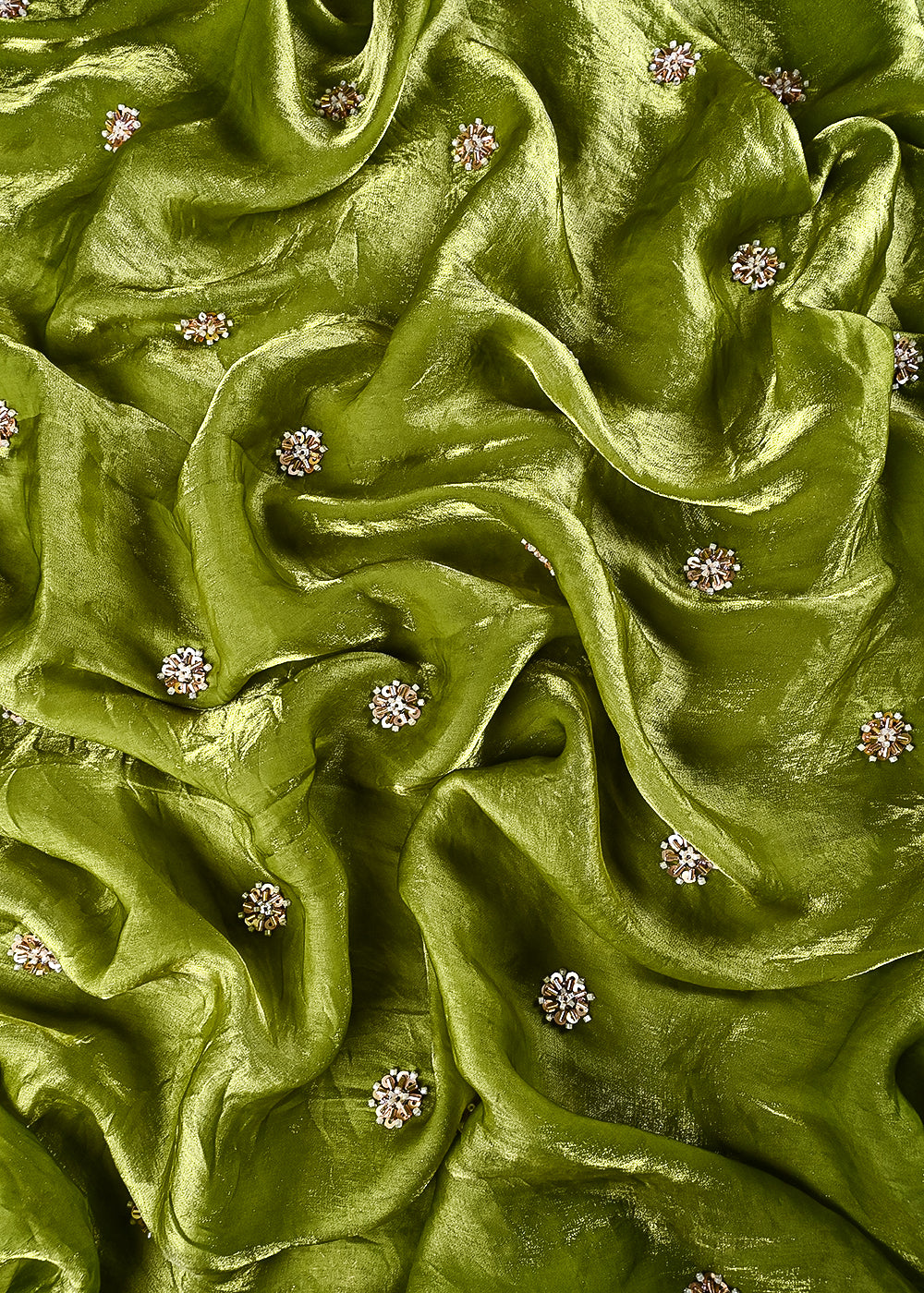 Green Diamond Tissue Fabric With All Over Buti Of Sequins, Katdana And Bead Work 24857