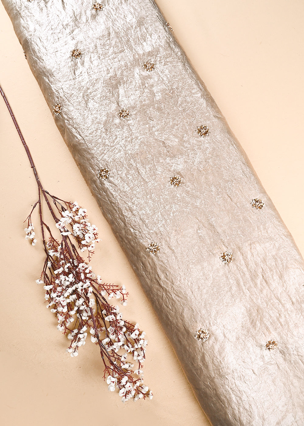 Beige Diamond Tissue Fabric With All Over Buti Of Sequins, Katdana And Bead Work 24858