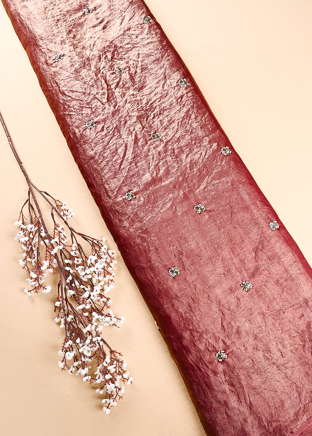 Onion Pink Diamond Tissue Fabric With All Over Buti Of Sequins, Katdana And Bead Work 24860