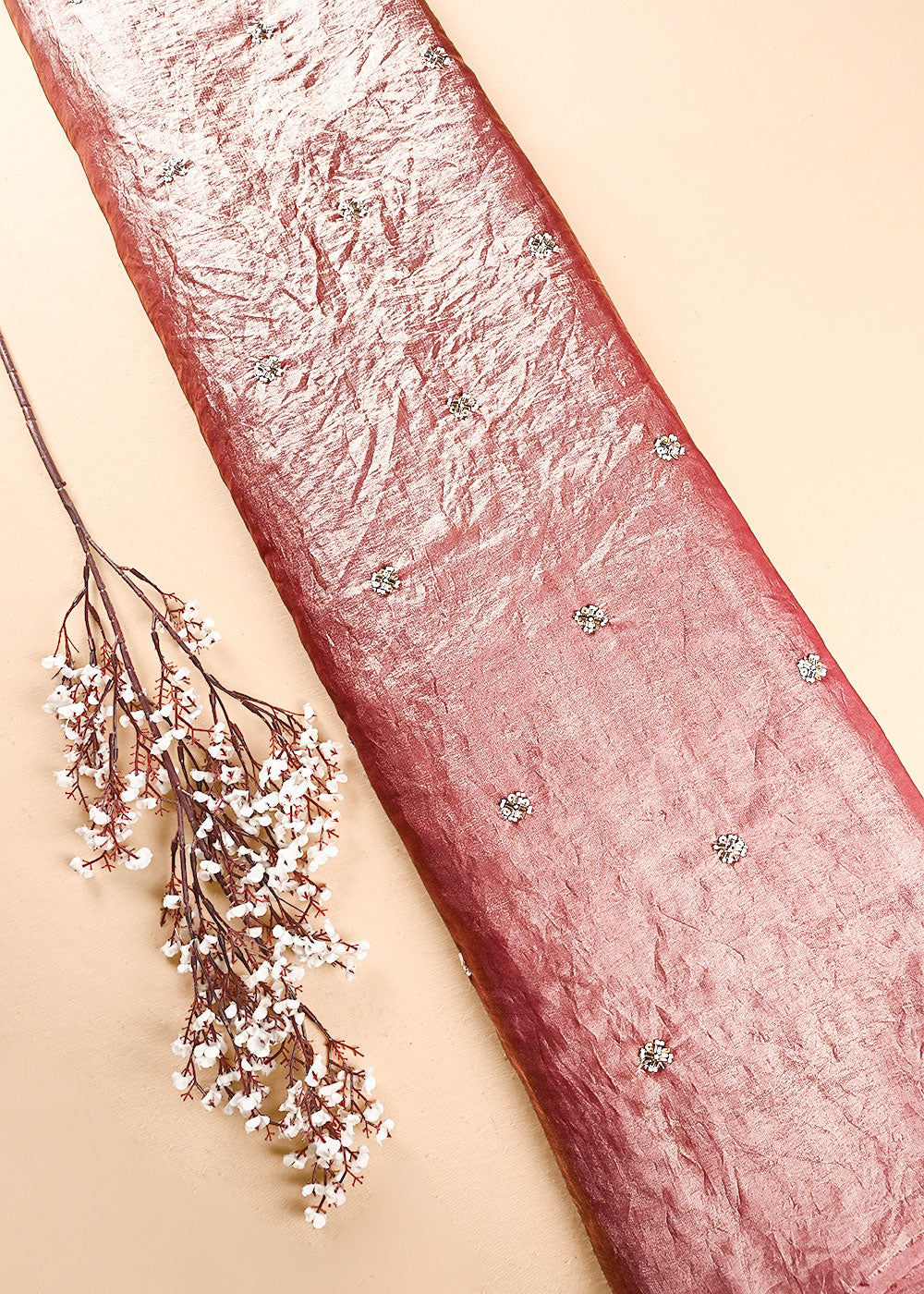 Onion Pink Diamond Tissue Fabric With All Over Buti Of Sequins, Katdana And Bead Work 24860