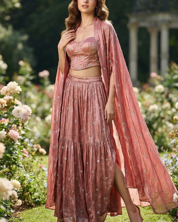 Onion Pink Diamond Tissue Fabric With All Over Buti Of Sequins, Katdana And Bead Work 24860