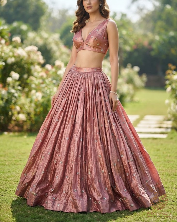 Onion Pink Diamond Tissue Fabric With All Over Buti Of Sequins, Katdana And Bead Work 24860