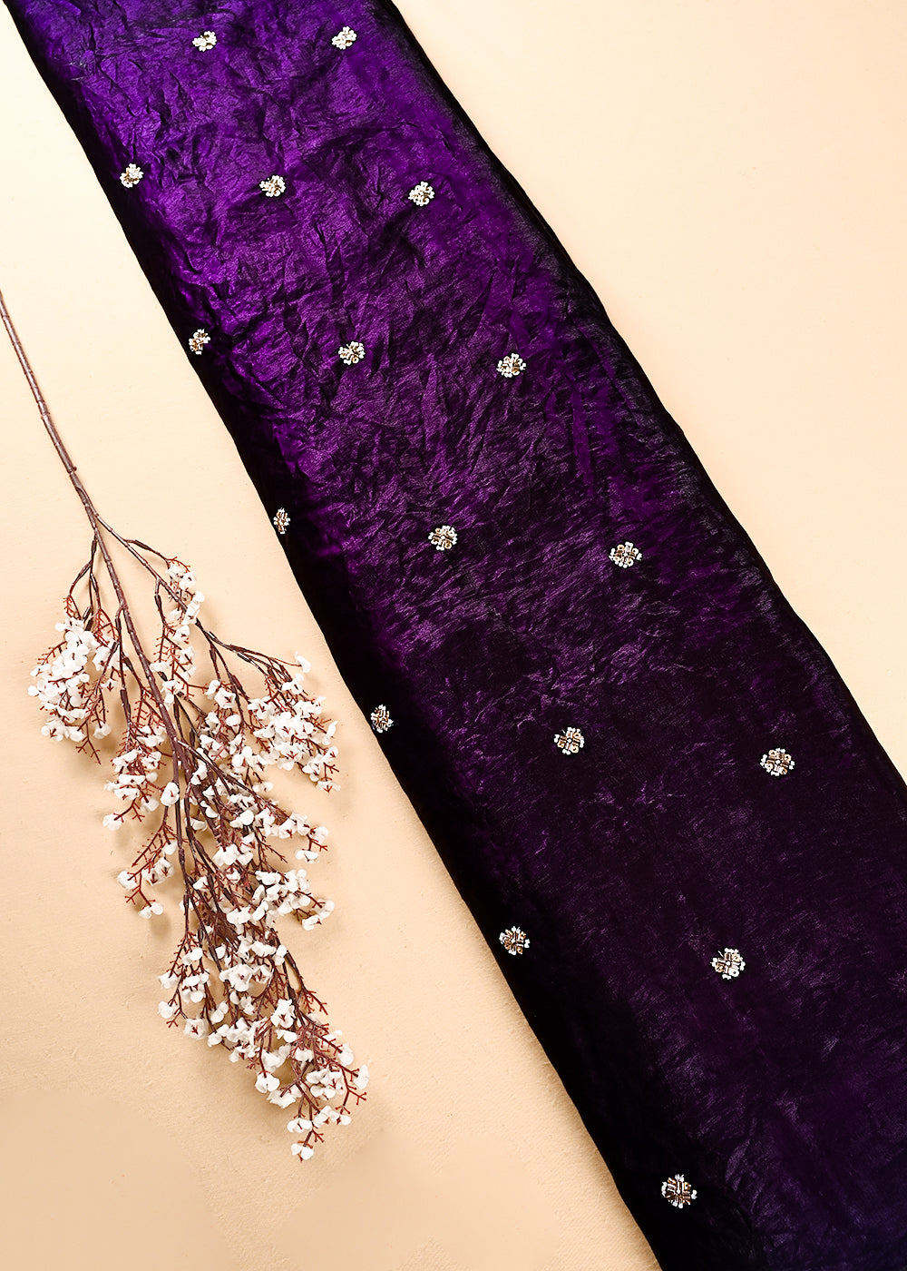 Purple Diamond Tissue Fabric With All Over Buti Of Sequins, Katdana And Bead Work 24861