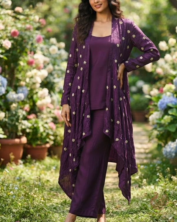 Purple Diamond Tissue Fabric With All Over Buti Of Sequins, Katdana And Bead Work 24861