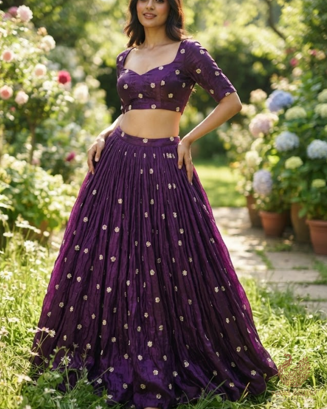 Purple Diamond Tissue Fabric With All Over Buti Of Sequins, Katdana And Bead Work 24861