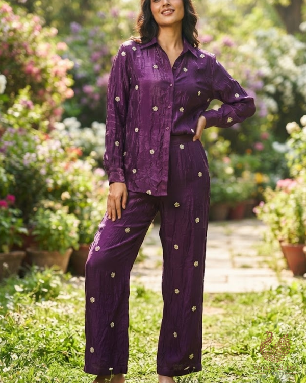 Purple Diamond Tissue Fabric With All Over Buti Of Sequins, Katdana And Bead Work 24861