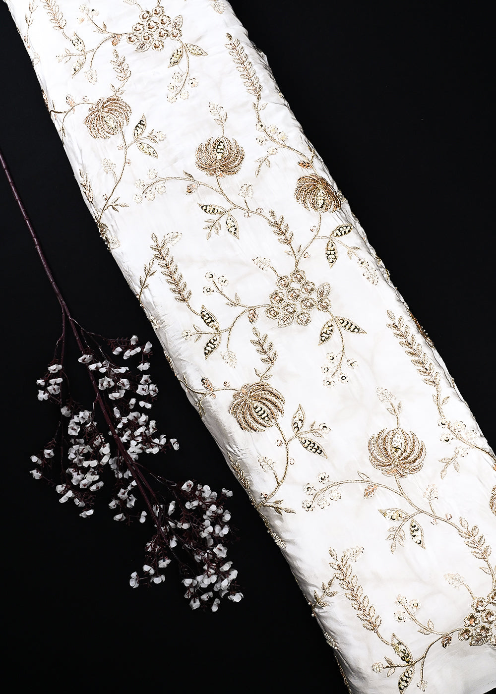 White Dyeable Crepe Fabric With All Over Zari, Sequins, Katdana And Bead Work 24878