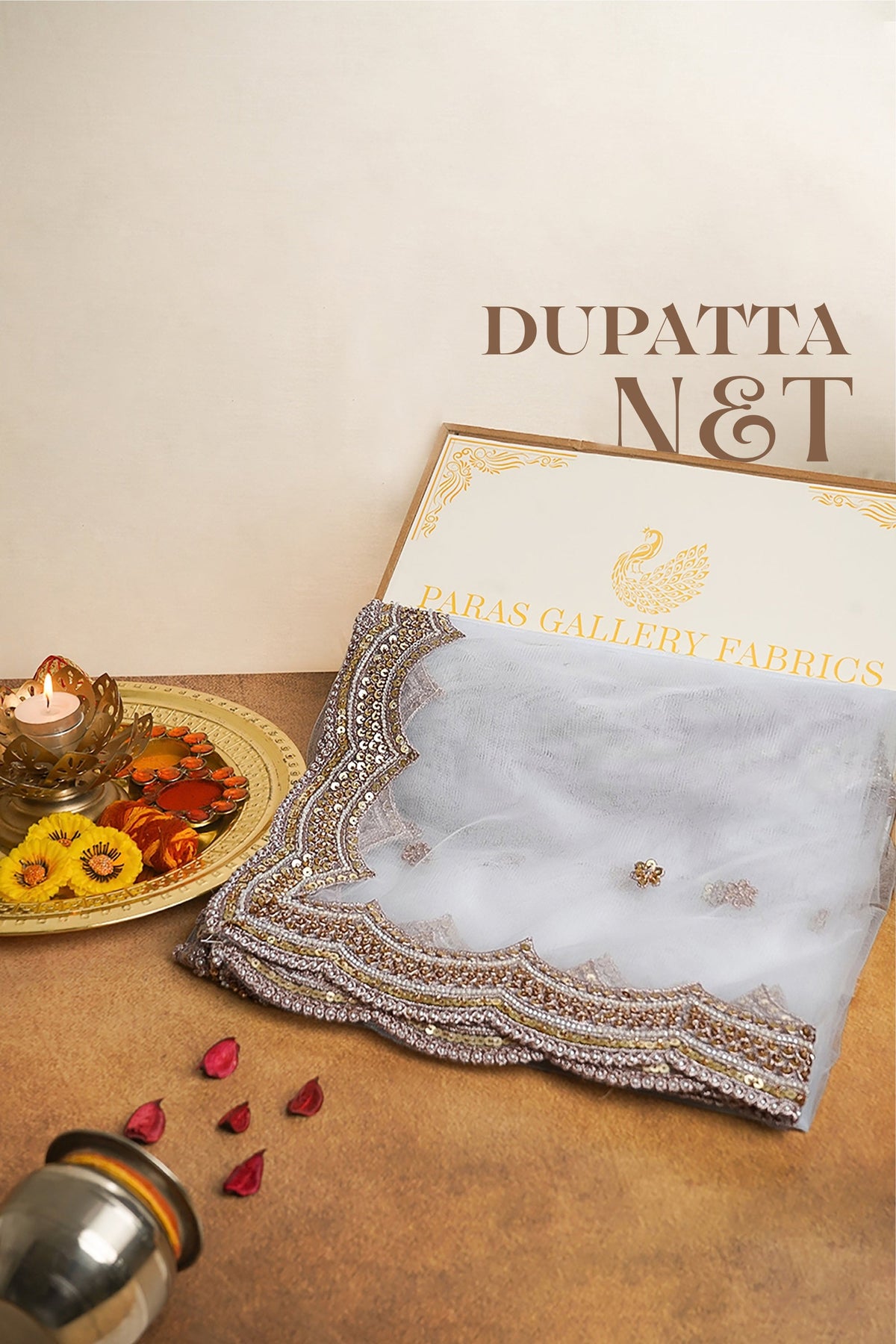 White Dyeable Net Dupatta All Over Zari, Sequins And Katdana Work 24913