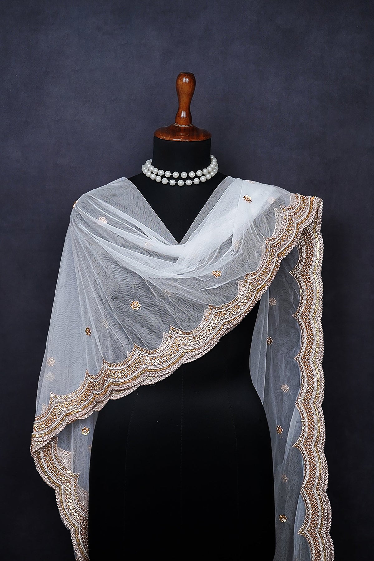 White Dyeable Net Dupatta All Over Zari, Sequins And Katdana Work 24913