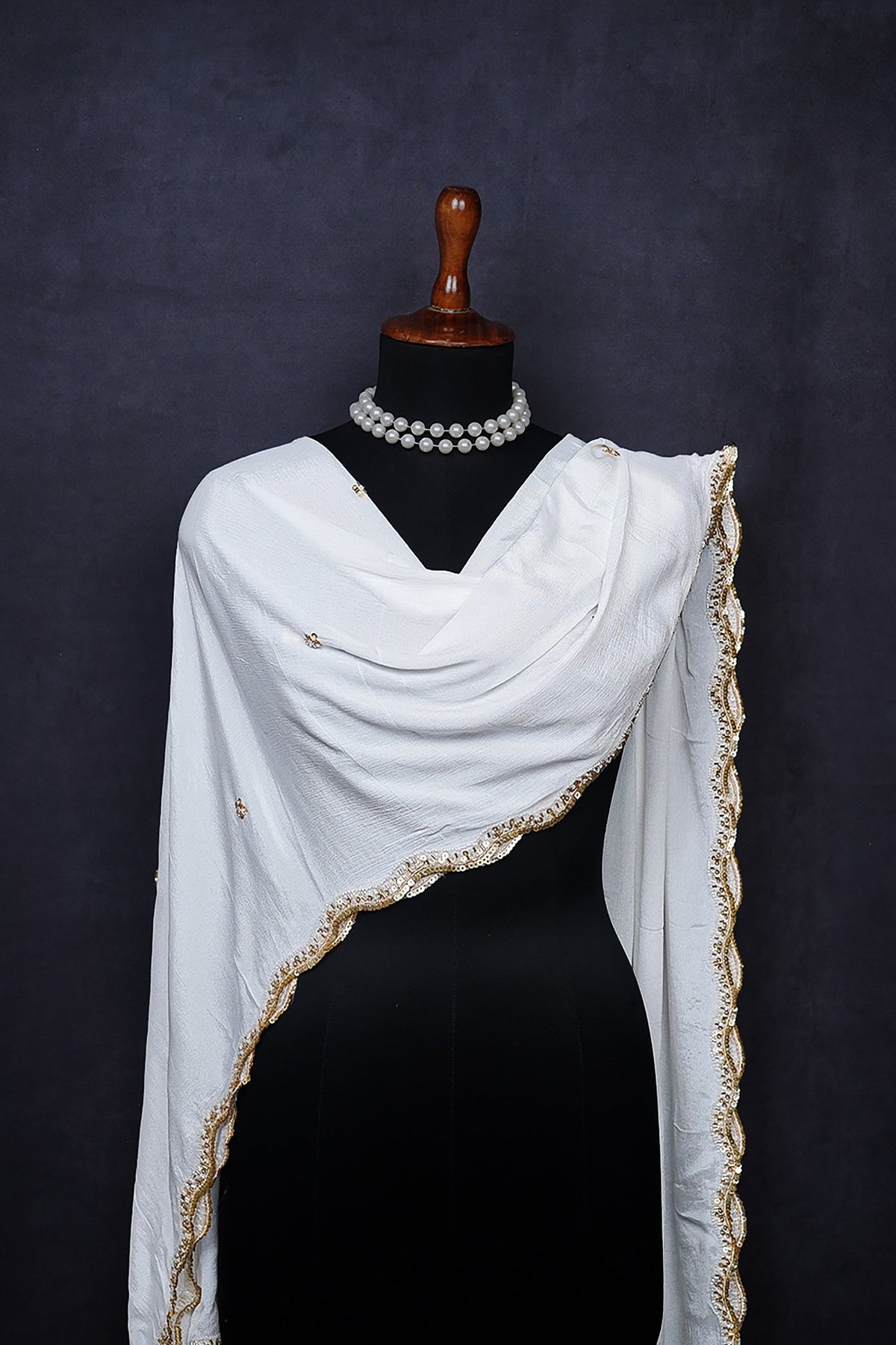White Dyeable Chinon Chiffon Dupatta All Over Sequins And Katdana Work 24914
