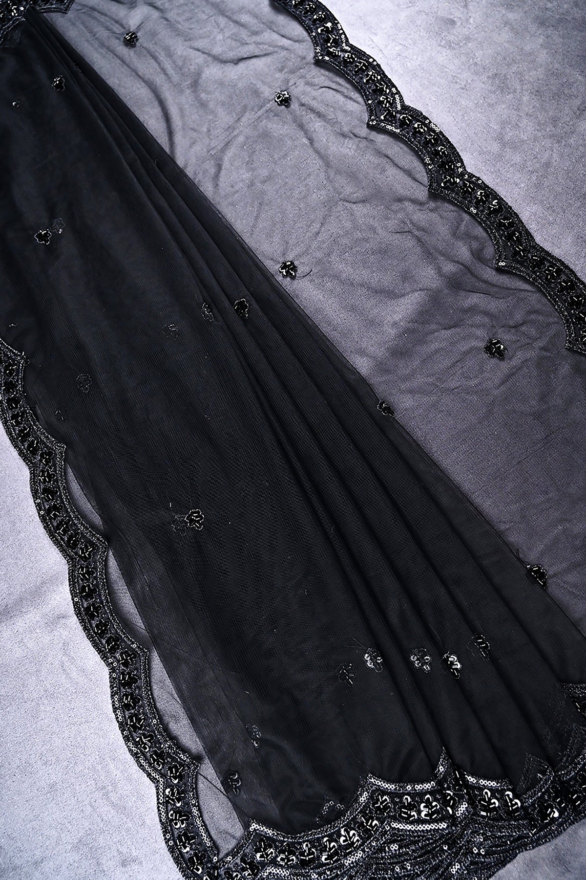 Black Net Dupatta All Over Sequins And Katdana Work 24916