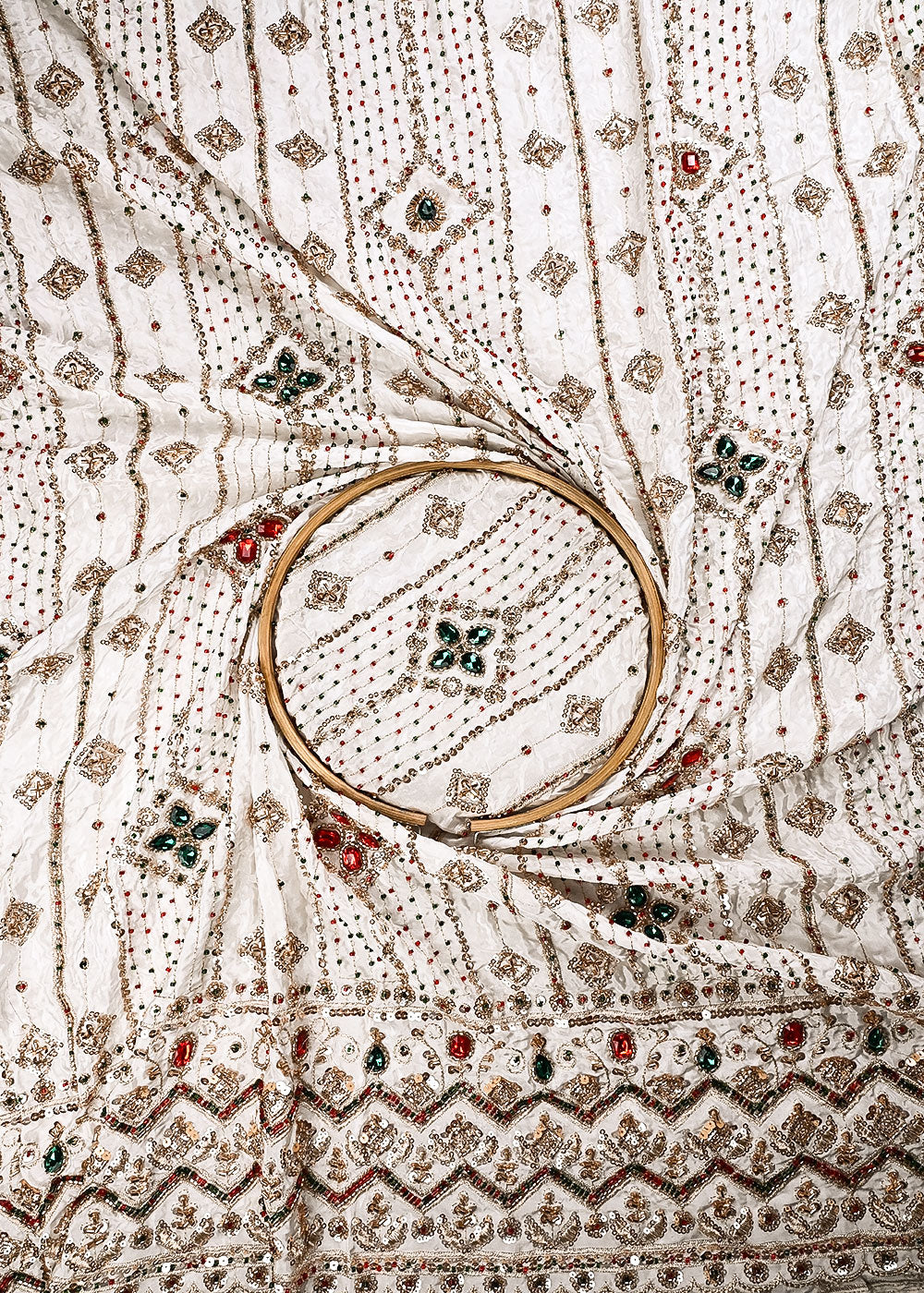 White Dyeable Crepe Fabric With All Over Zari, Sequins And Katdana Work With One Side Blorder 24918