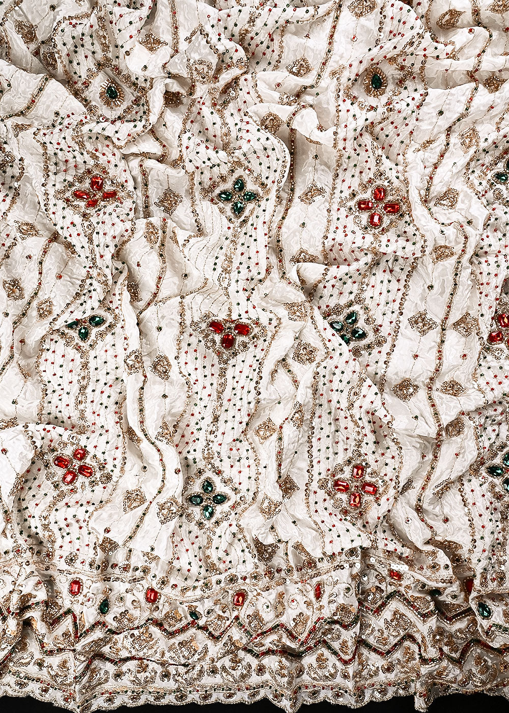 White Dyeable Crepe Fabric With All Over Zari, Sequins And Katdana Work With One Side Blorder 24918