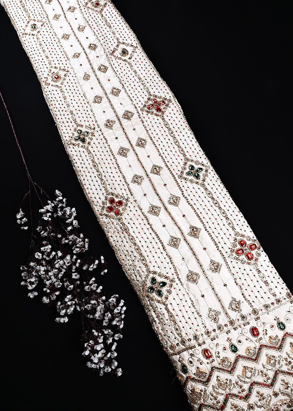 White Dyeable Crepe Fabric With All Over Zari, Sequins And Katdana Work With One Side Blorder 24918