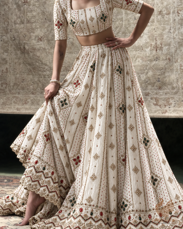 White Dyeable Crepe Fabric With All Over Zari, Sequins, Katdana And Stone Work With One Side Border 24918