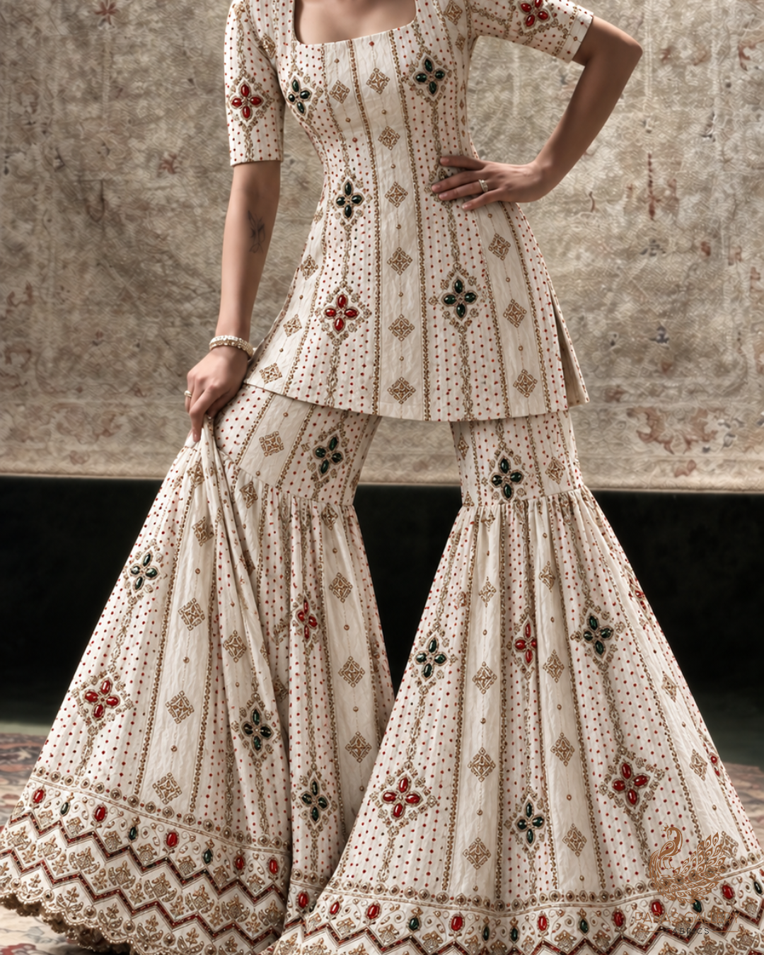 White Dyeable Crepe Fabric With All Over Zari, Sequins, Katdana And Stone Work With One Side Border 24918
