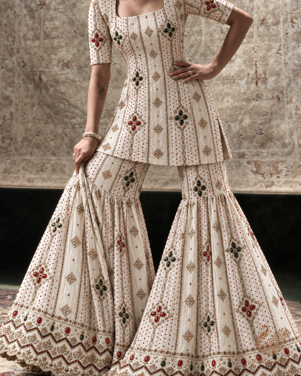 White Dyeable Crepe Fabric With All Over Zari, Sequins, Katdana And Stone Work With One Side Border 24918