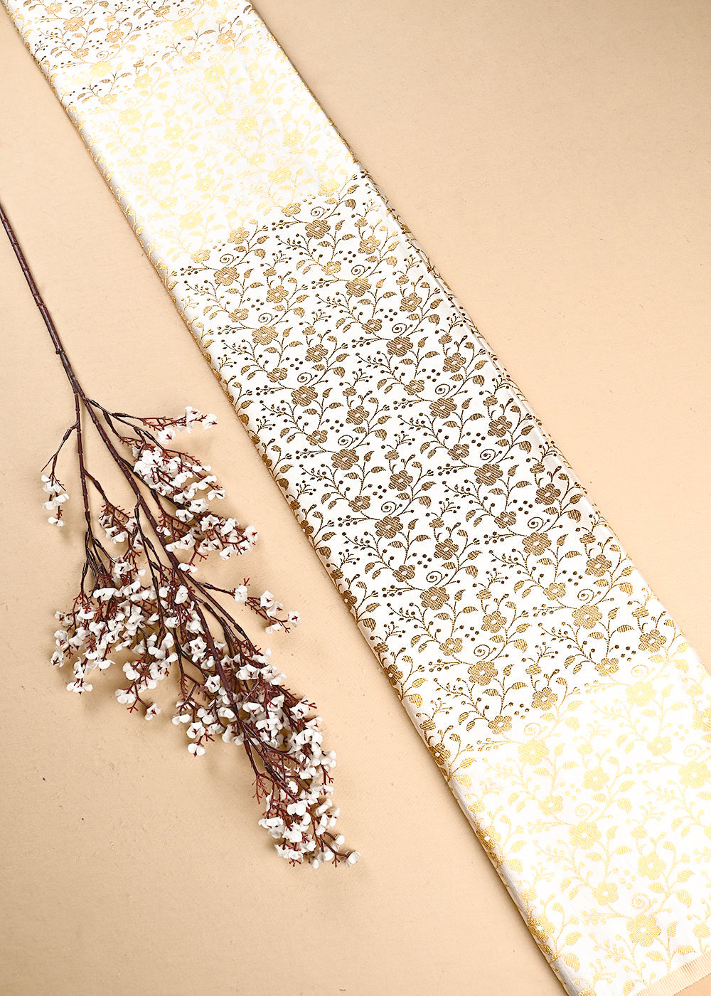 Off White Banarasi Brocade Fabric With All Over Thread And Zari Handloom 24922