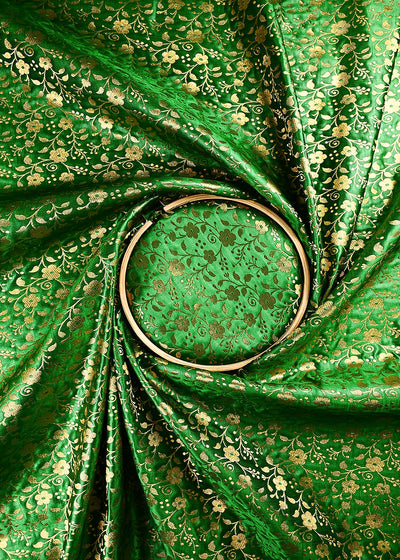 Green Banarasi Brocade Fabric With All Over Thread And Zari Handloom 24924