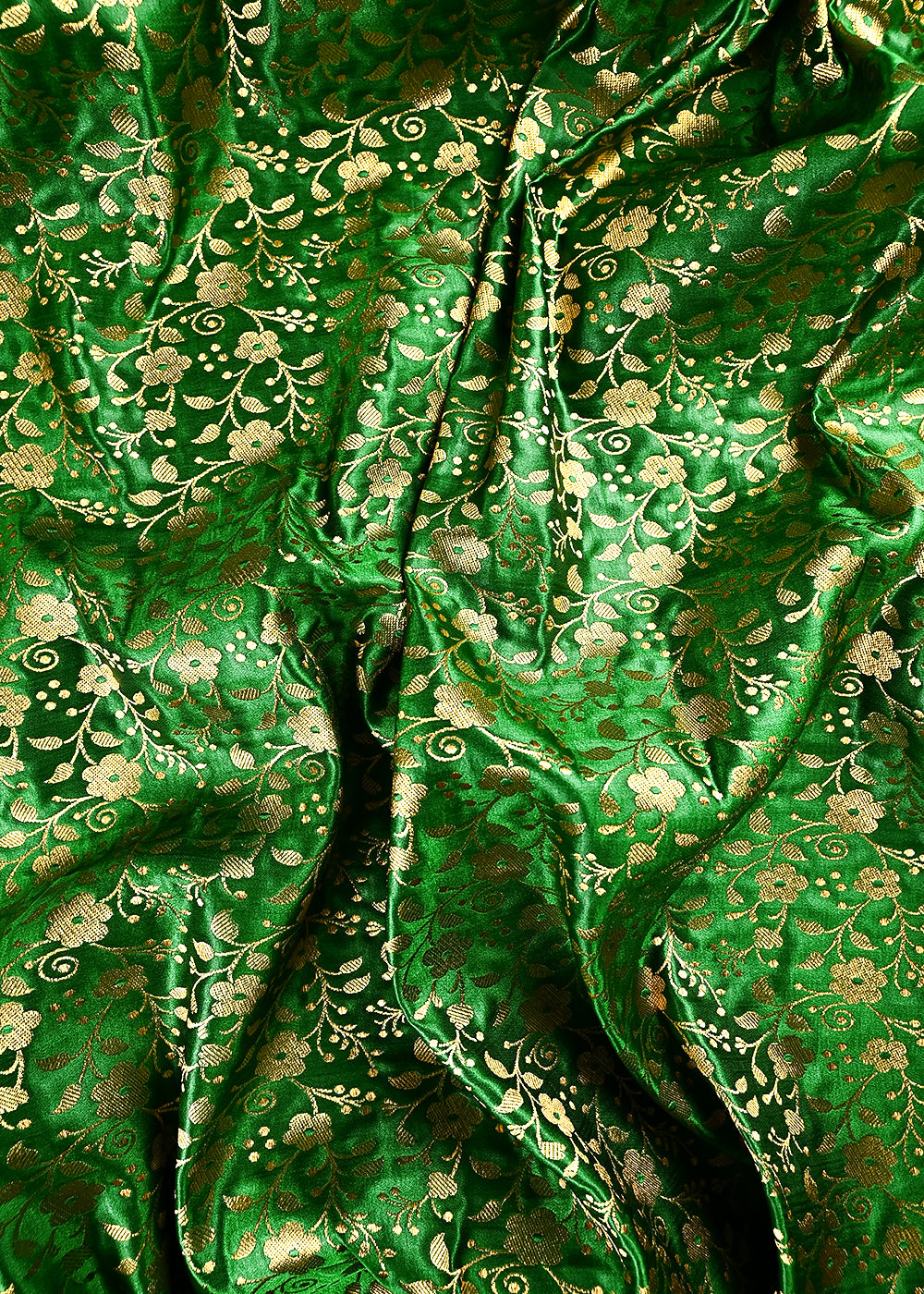 Green Banarasi Brocade Fabric With All Over Thread And Zari Handloom 24924
