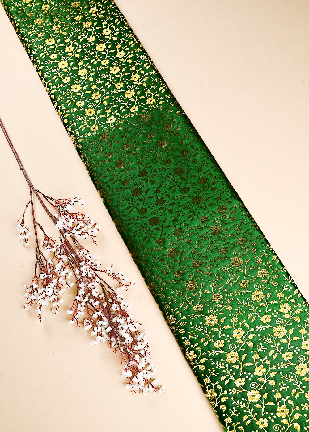 Green Banarasi Brocade Fabric With All Over Thread And Zari Handloom 24924