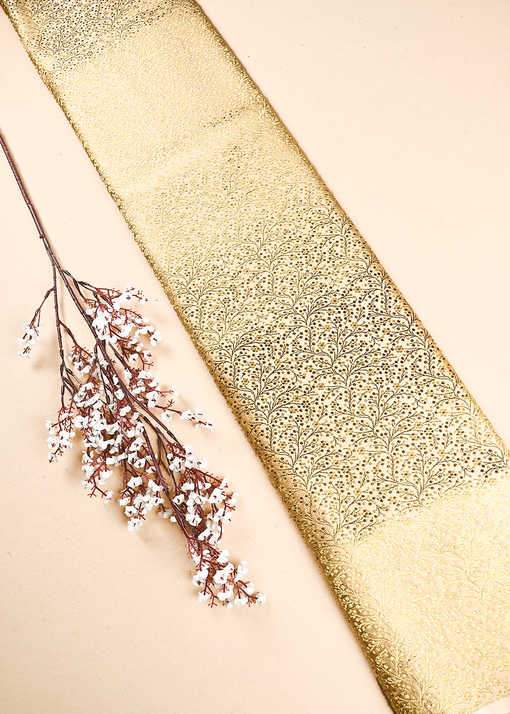 Beige Banarasi Brocade Fabric With All Over Thread And Zari Handloom 24925