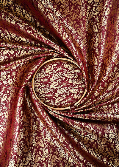 Wine Banarasi Brocade Fabric With All Over Thread And Zari Handloom 24926