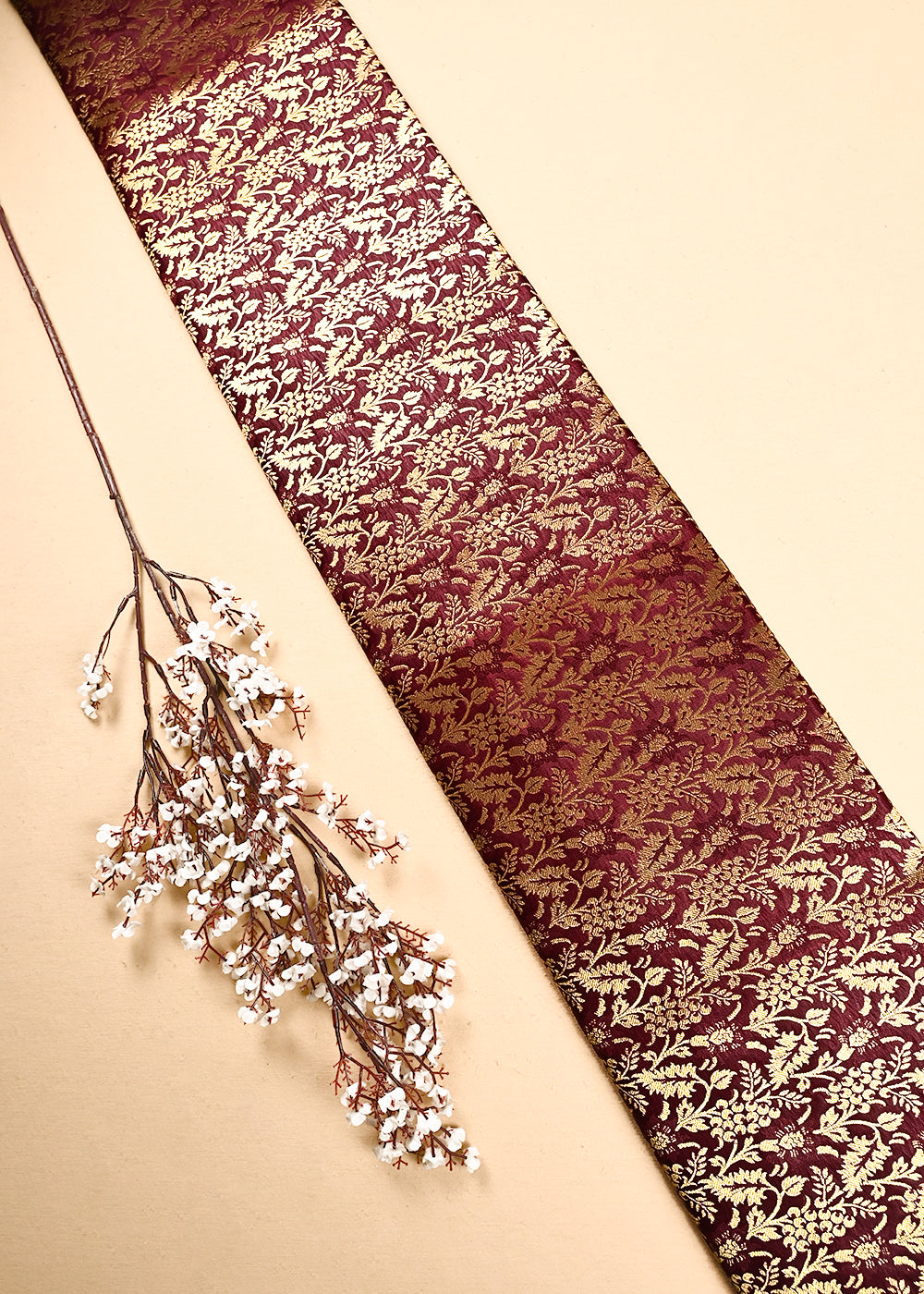 Wine Banarasi Brocade Fabric With All Over Thread And Zari Handloom 24926