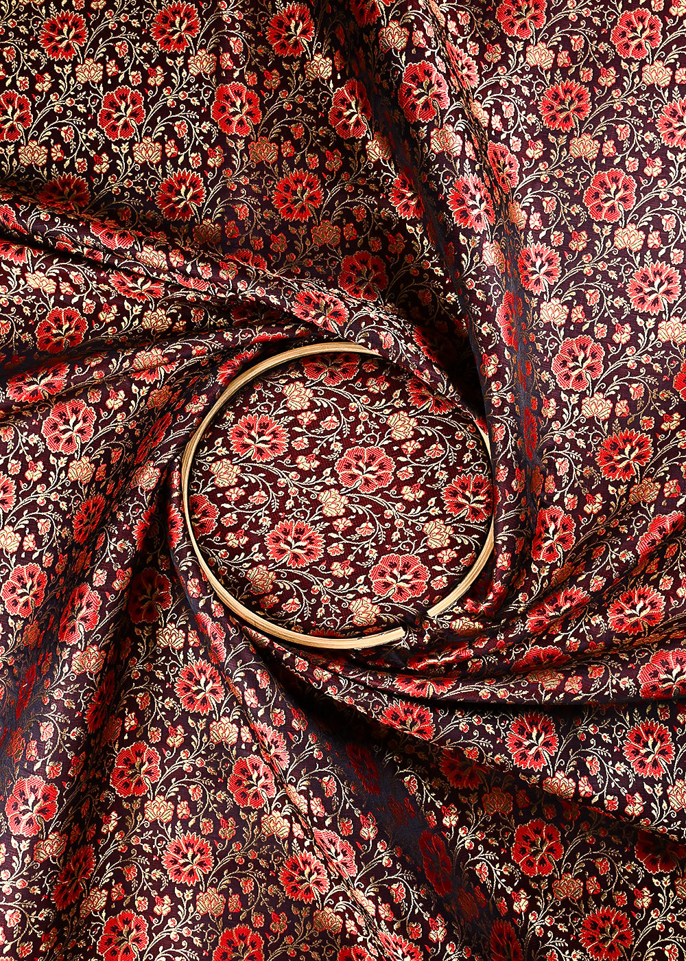 Wine Banarasi Brocade Fabric With All Over Thread And Zari Handloom 24927