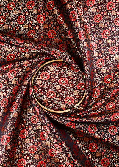 Wine Banarasi Brocade Fabric With All Over Thread And Zari Handloom 24927