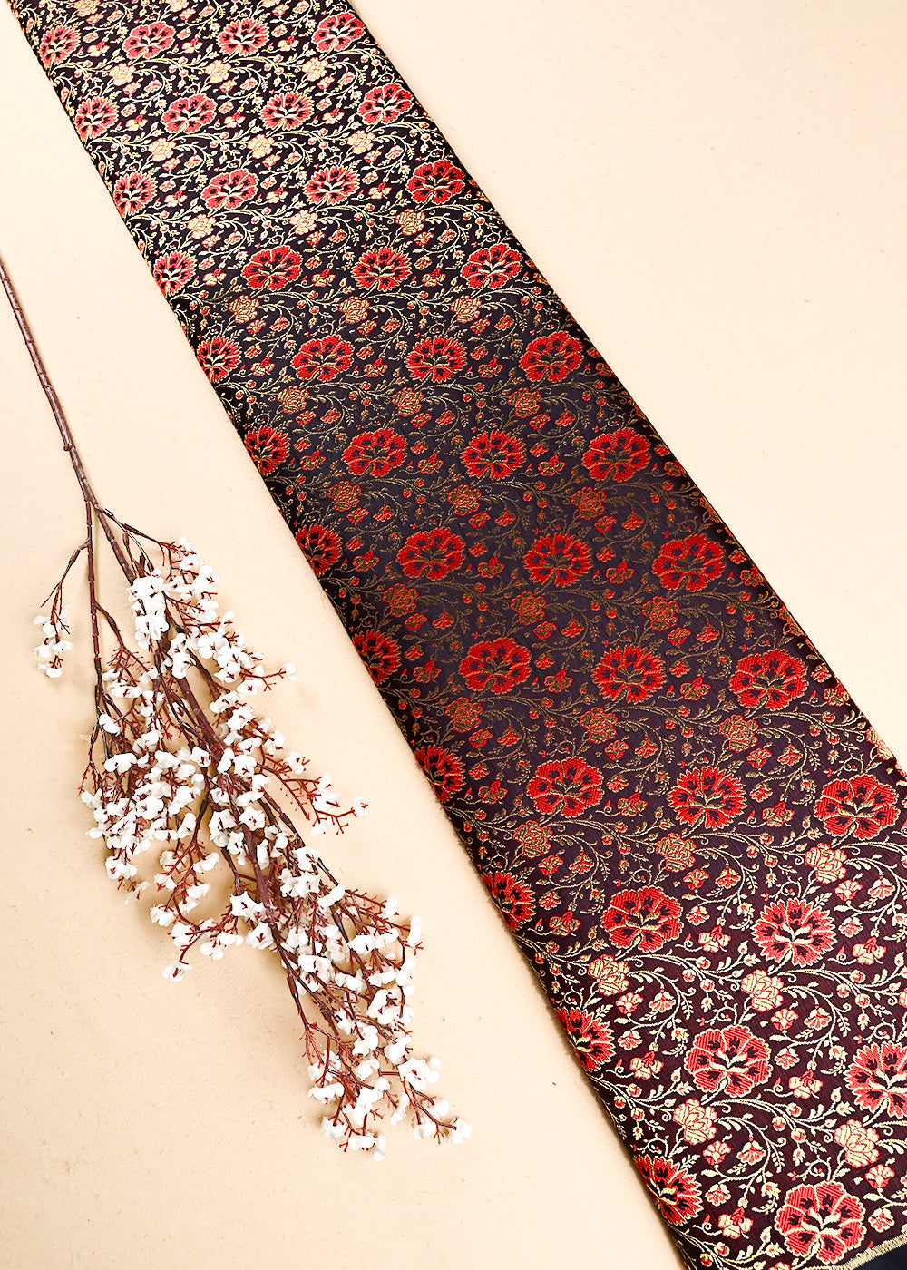 Wine Banarasi Brocade Fabric With All Over Thread And Zari Handloom 24927
