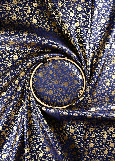 Navy Blue Banarasi Brocade Fabric With All Over Thread And Zari Handloom 24928