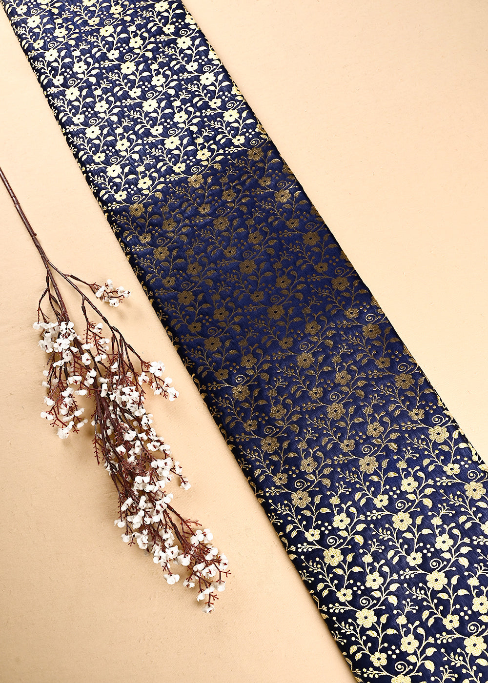 Navy Blue Banarasi Brocade Fabric With All Over Thread And Zari Handloom 24928