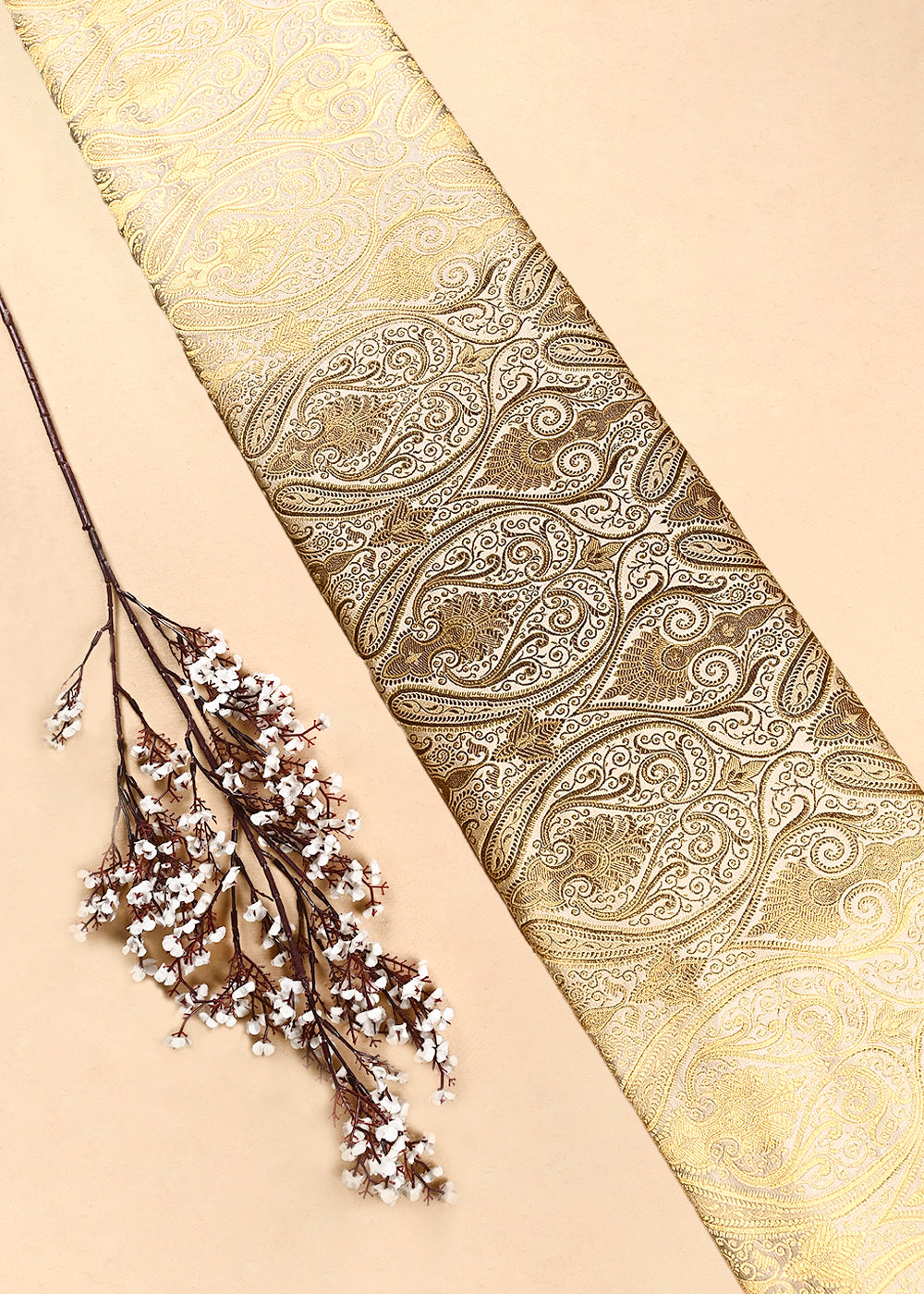Beige Banarasi Brocade Fabric With All Over Thread And Zari Handloom 24929